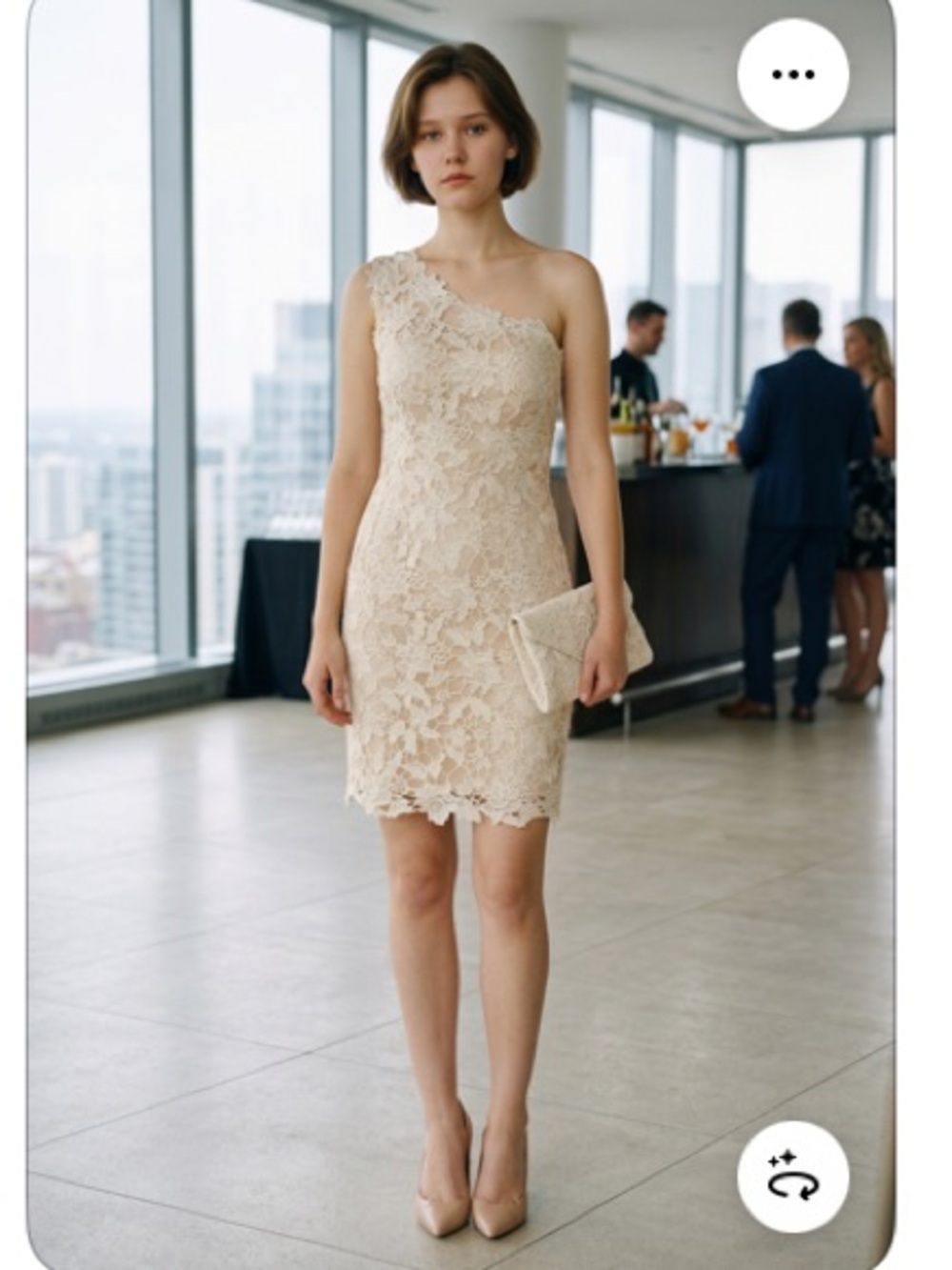 Elegant Lace One-Shoulder Champagne Dress - with tags. MSRP $189